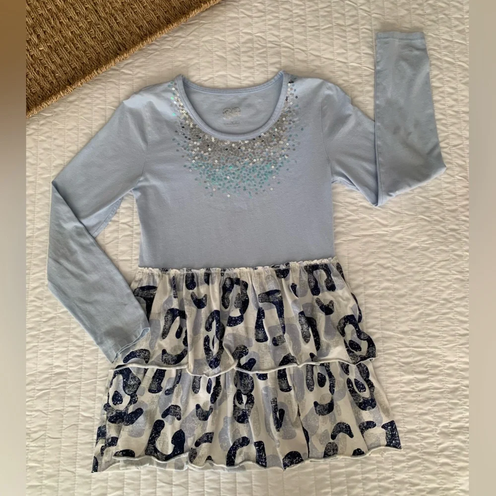 Justice Y2K Shirt Girls 12 Blue Sequin Long Sleeves Leopard Scoop Neck Ruffles